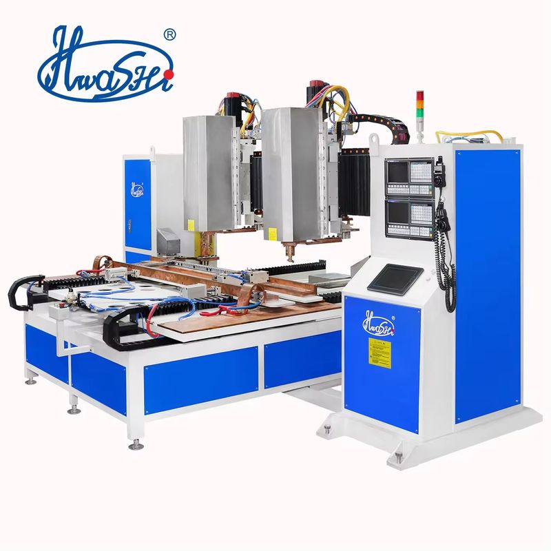 Máquina de soldadura por puntos de CNC de siete ejes con doble cabeza de chapa automática de metal para estante de sentadillas